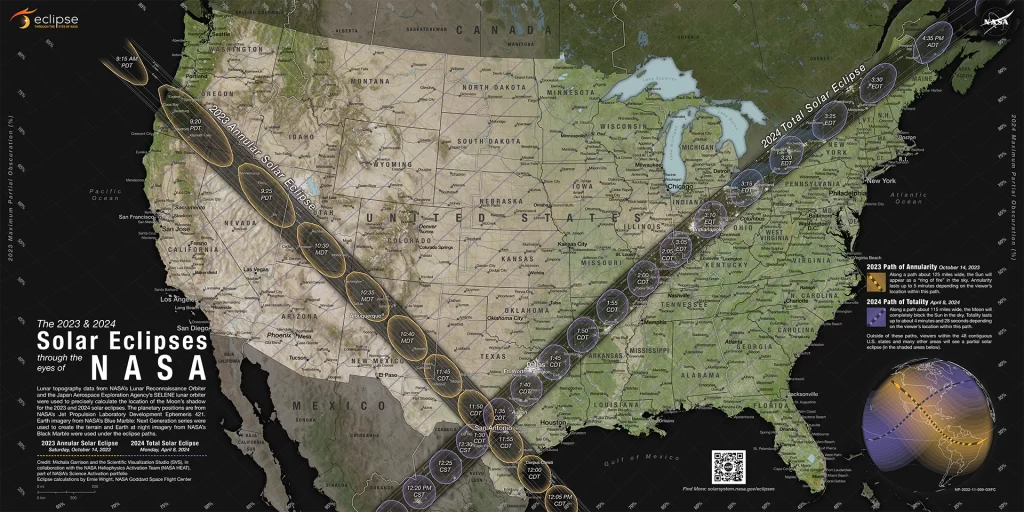 map of the path of totality of the 2024 total solar eclipse and where to see it and what time is the eclipse