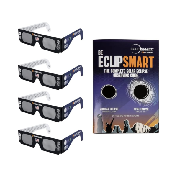 Pack of Celestron EclipSmart solar eclipse glasses and observing guide for safe viewing of annular and total eclipses.